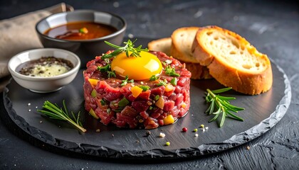 Steak tartare, egg yolk, herbs, and toasted bread on a dark plate, with small bowls containing seasonings