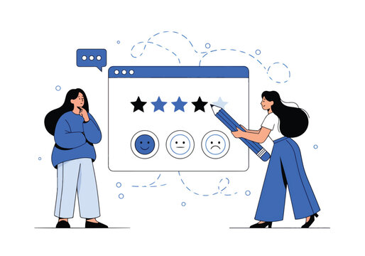 Team reviewing online feedback and customer satisfaction survey results - Flat Vector Illustration, icon. Editable stroke. Colored vector illustration