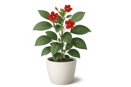 Potted red flower plant in white pot with green leaves, bringing spring and vibrant color indoors as a houseplant - Powered by Adobe