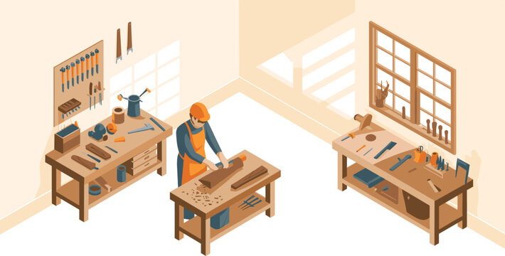 Isometric illustration of carpenter working in woodworking workshop with tools, benches, and equipment, concept of craftsmanship and furniture making