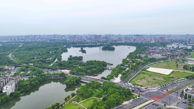 Jiaxing City Aerial View with Lakes and Urban Landscape