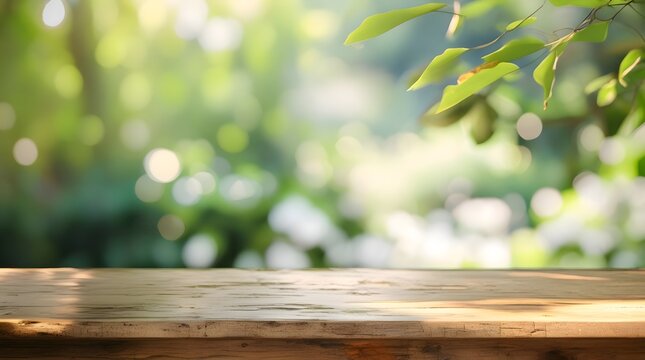 A rustic wooden table with a smooth, weathered finish, positioned in the foreground, with a blurred green nature garden background, featuring lush foliage and vibrant greenery, with hints of sunlight 