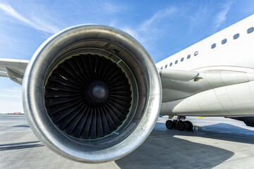 Close-up of engine of big passenger airliner