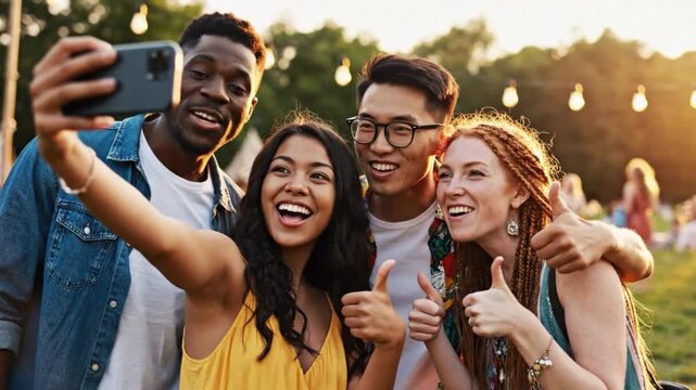 Group of friends joyfully taking a selfie at a vibrant outdoor gathering during sunset with string lights