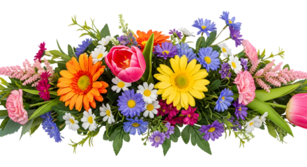 Vibrant floral arrangement with gerbera daisies tulips and astilbe flowers isolated on a transparent background