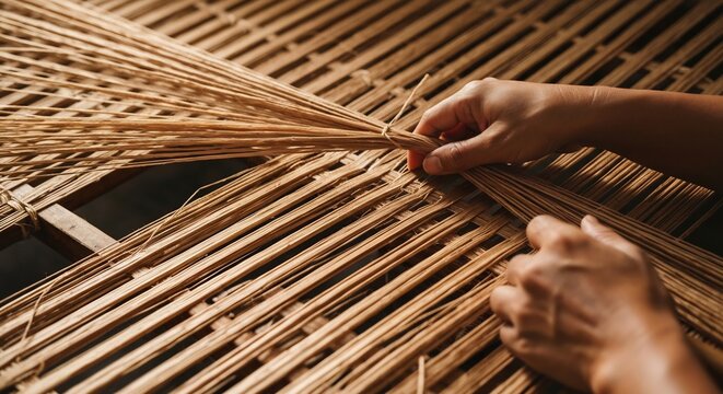 Closeup of hands meticulously weaving natural fiber strands into an intricate pattern on a wooden frame