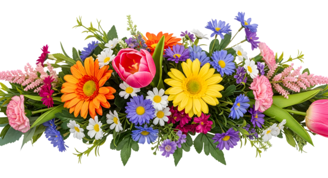 Vibrant floral arrangement with gerbera daisies tulips and astilbe flowers isolated on a transparent background