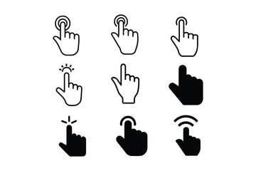 A comprehensive vector set of hand cursor icons for user interface and web design, illustrating actions like clicking, tapping, and selecting on digital devices and screens.
