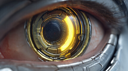 An augmented eye of a cyborg or futuristic robot, highlighting a golden glowing iris
