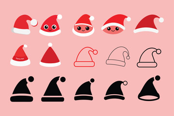 A versatile set of Santa hat icons featuring various styles, including outline, solid, and cartoon designs. Perfect for Christmas and holiday season projects.
