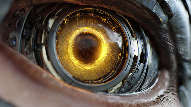 A close-up shot of a glowing eye with futuristic metallic detailing, highlighting the iris and surrounding machinery