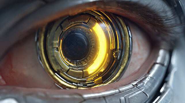 An augmented eye of a cyborg or futuristic robot, highlighting a golden glowing iris