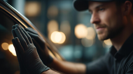 Car window tinting installation process defocused detailing studio, faceless automotive work, tinting visualization detail, blurred workshop background, detailing concept, installa