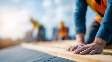 Workers installing roof windows defocused Germany building, faceless European construction, installation visualization detail, blurred Rhineland background, roofing concept, constr