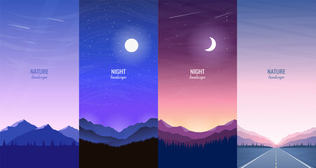 Set of mountain landscapes background. Night sky, moon and stars, road in the mountains, evening twilight. Vector illustration. Design for greeting card, wallpaper, cover, brochure.