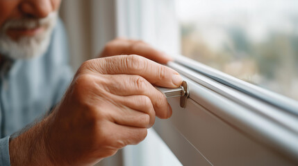 Hands adjust plastic window mechanism defocused frame, faceless adjustment work, window visualization detail, blurred installation background, maintenance concept, adjustment inter