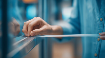 Worker installing sealing tape on defocused plastic frame, faceless window work, tape visualization detail, blurred frame background, sealing concept, installation interface, banne