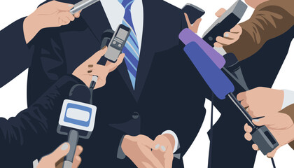 Press Conference: Microphones and Reporters Interviewing a Politician or Public Figure