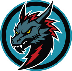 Fierce dragon head emblem with sharp teeth and red accents isolated on white background