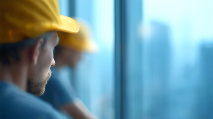 Workers installing windows during renovation defocused project, faceless skilled labor, installation visualization detail, blurred building background, maintenance concept, service