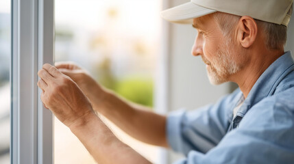 Fototapeta premium Construction worker installing sliding window defocused new house, faceless fitting process, window visualization detail, blurred residential background, building concept, installa