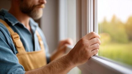 Construction worker installing sliding window defocused new house, faceless fitting process, window visualization detail, blurred residential background, building concept, installa