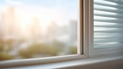 Opened PVC window in room defocused apartment interior, faceless ventilation view, window visualization detail, blurred residential background, fresh air concept, indoor interface,