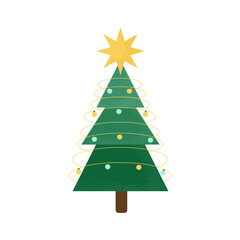 Christmas tree with star and garland isolated on white background. Minimalistic tree with grain texture. Merry Christmas and Happy New Year tree. Flat design. Vector illustration 