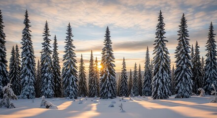 Snow covered evergreen trees at sunset in winter forest