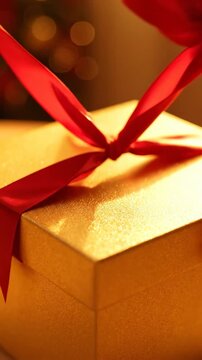 Cinematic close-up of a luxurious, generic golden gift box being slowly untied with a flowing deep red satin ribbon during golden hour present, luxurious generic, romance