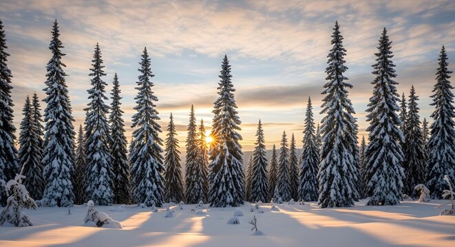 Snow covered evergreen trees at sunset in winter forest