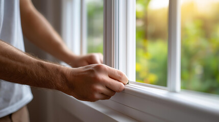 Handyman adjusting white PVC window defocused indoors, faceless repair work, plastic visualization detail, blurred interior background, maintenance concept, screwdriver interface,