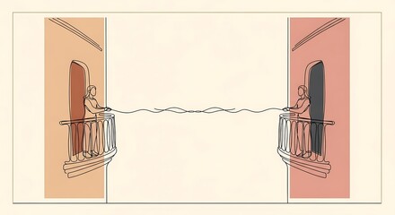 Romantic escape with two women connecting across balconies, sharing secrets, line art, simple elegance and connection, modern love story illustration
