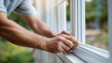 Workers hands installing window in defocused building, faceless installation team, fitting visualization detail, blurred construction background, home improvement concept, installa