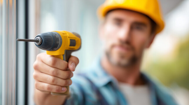 Service man installing window with defocused screwdriver, faceless installation work, fitting visualization detail, blurred construction background, installation concept, tool inte