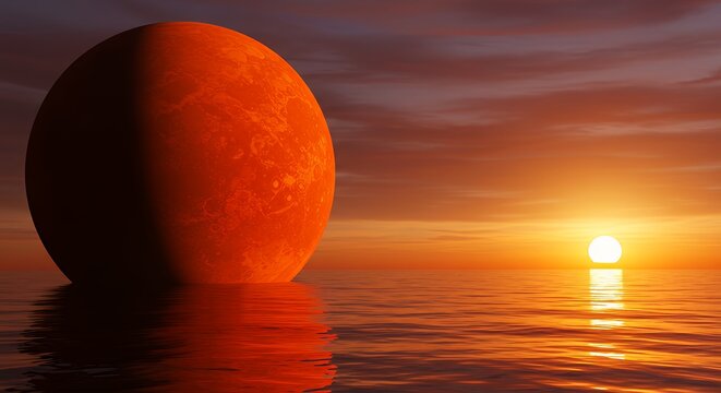 Red Planet Moon Over Ocean Sunset with Warm Colors and Calm Atmosphere