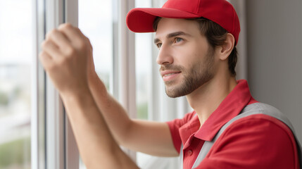 Young worker installing window in defocused flat interior, faceless residential installation, fitting visualization detail, blurred apartment background, home concept, installation