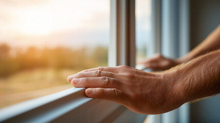 Builder hands installing windows defocused construction, faceless installation work, fitting visualization detail, blurred building background, construction concept, professional i