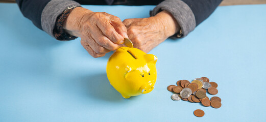 Caucasian elderly woman with a piggy bank and coins.