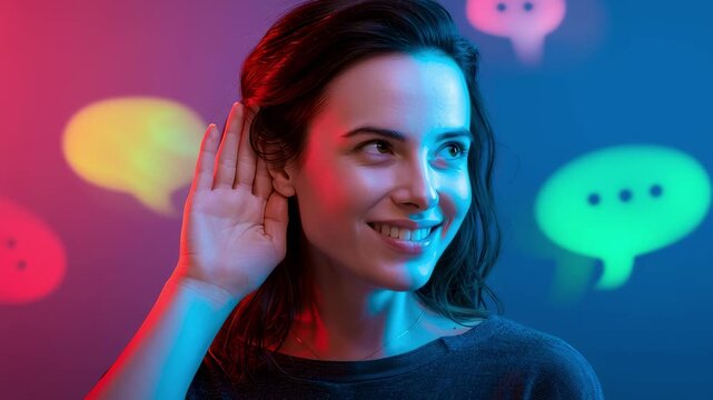 Young woman listening carefully with hand to ear on neon background