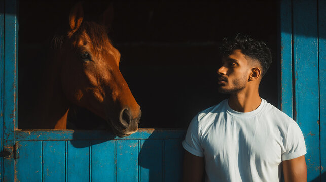 Young Man with Brown Horse in Sunlit Stable - Powered by Adobe