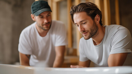 Two male workers carefully installing defocused white bathtub, faceless bathroom renovation, plumbing visualization detail, blurred framed background, home project concept, install