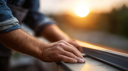 Worker hands repairing roof window defocused exterior, faceless maintenance work, repair visualization detail, blurred roofing background, fixing concept, professional interface, w
