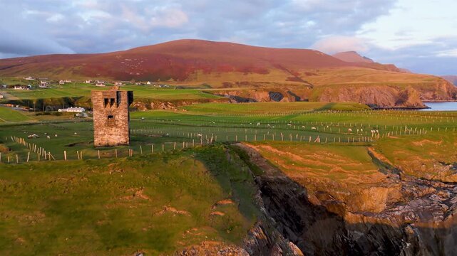 Aerial view of the coast at Malin Beg at the Napoleonic Signal Tower - County Donegal, Ireland