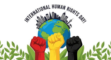 International human rights day celebration with diverse fists raised around the globe