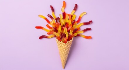 Gummy worms erupting from a waffle cone on a lavender background