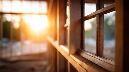 Wooden window frames and materials defocused natural light, faceless construction elements, installation visualization detail, blurred bright background, building concept, interior