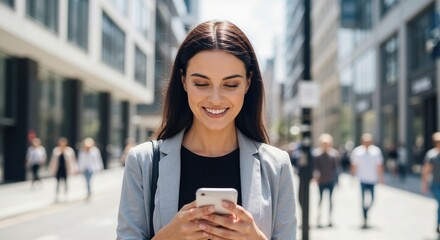 Smiling businesswoman using a smartphone on a city street. Young professional female texting online in an urban downtown setting