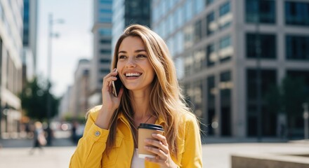 Smiling woman talking on a smartphone and holding coffee in the city. Cheerful young professional on a sunny urban street