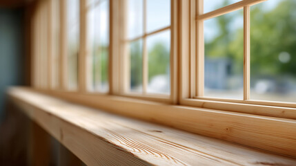Wooden window frames and materials defocused natural light, faceless construction elements, installation visualization detail, blurred bright background, building concept, interior
